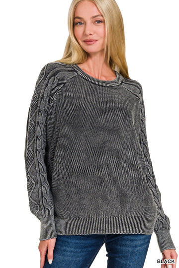 Washed Cable Sleeve Sweater in Black (REG)