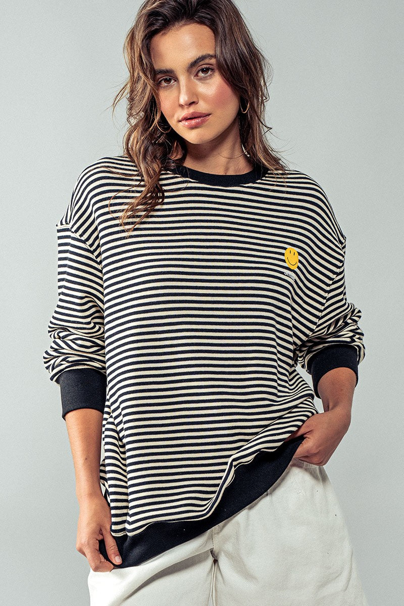 Oversized Smiley Striped Sweatshirt