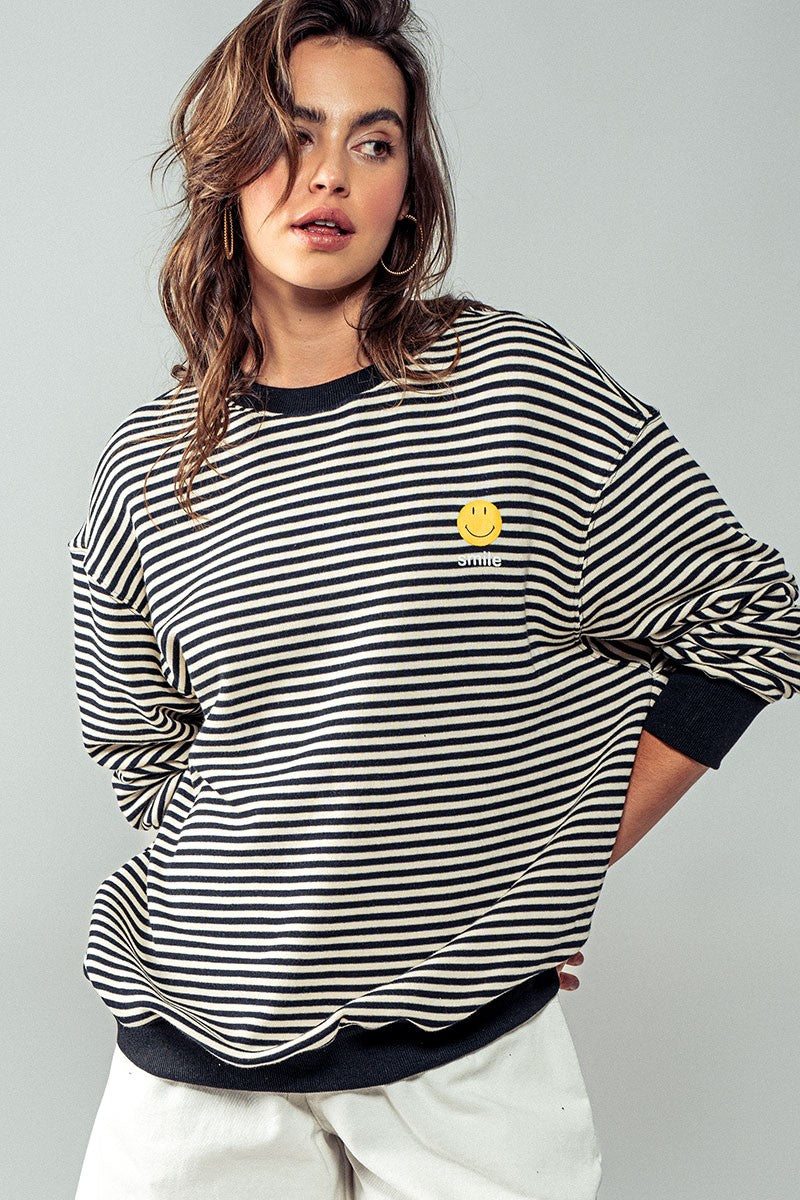 Oversized Smiley Striped Sweatshirt