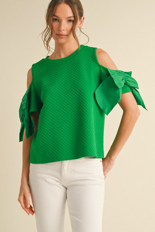 Textured Bow Sleeve Top in Green (REG)