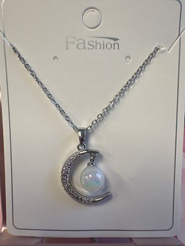 Silver CZ Moon and Pearl Necklace
