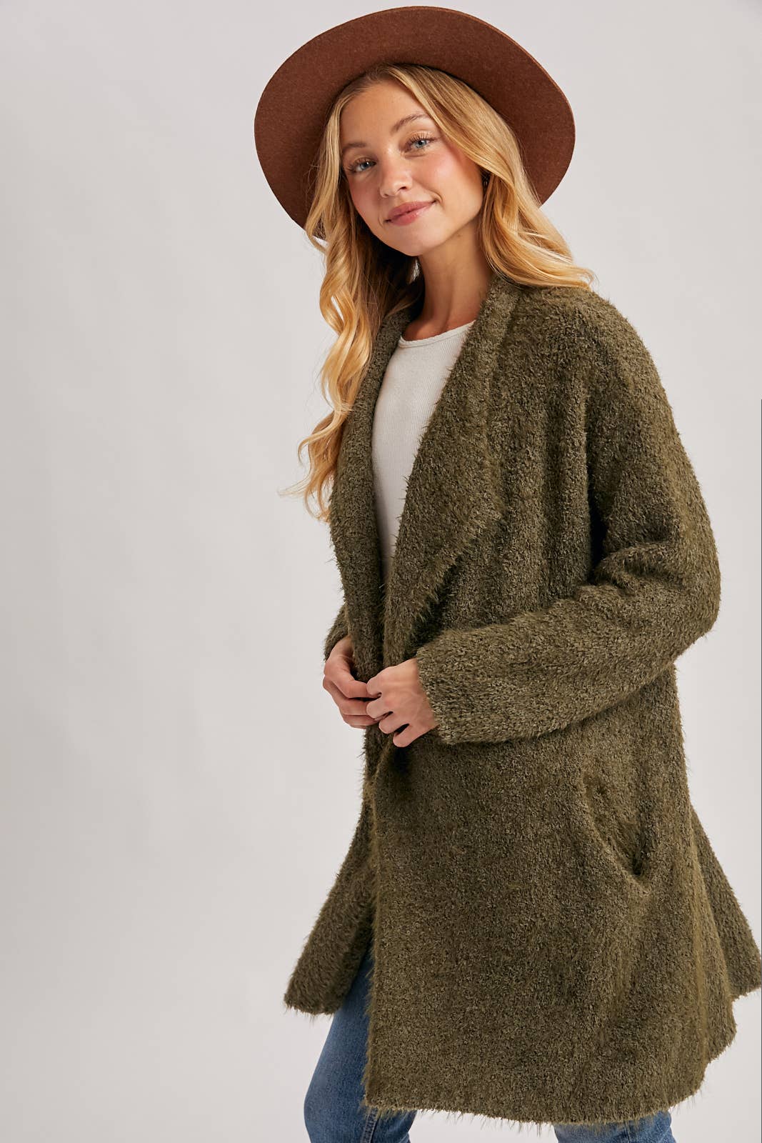 Fuzzy Drape Front Cardigan in Olive (REG)