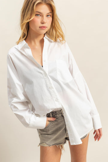 Button Down Poplin Top in White (REG)