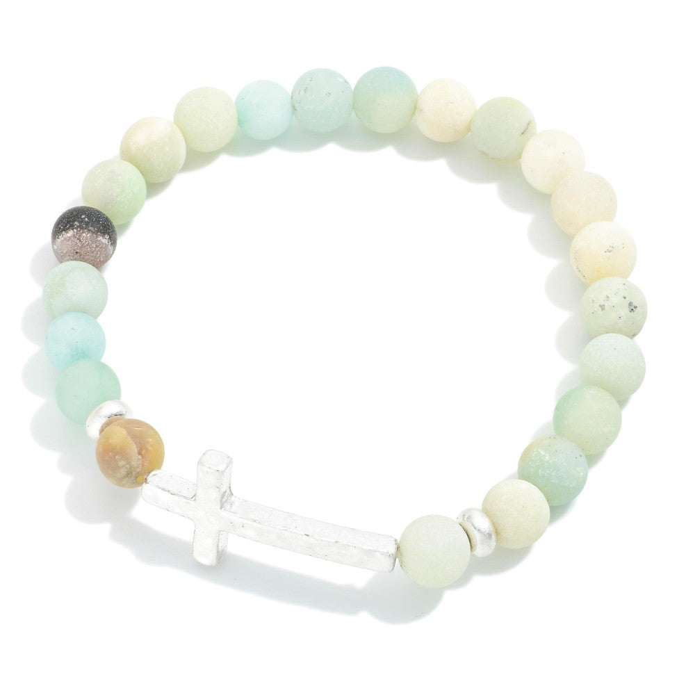 Stone Beaded Cross Stretch Bracelet