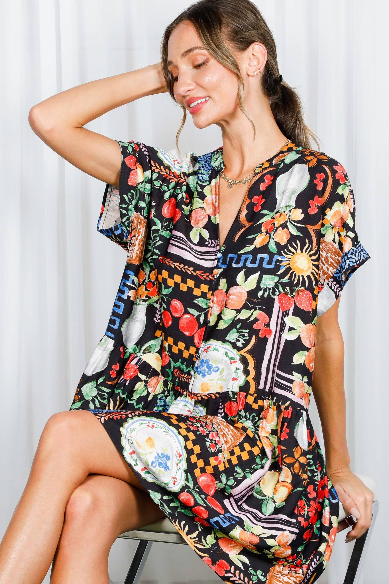 Black Multi Print Mini Dress (REG)