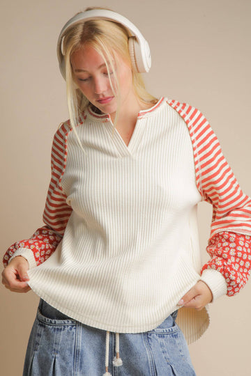 Floral & Stripe Casual Knit Top in Cream (REG/PLUS)
