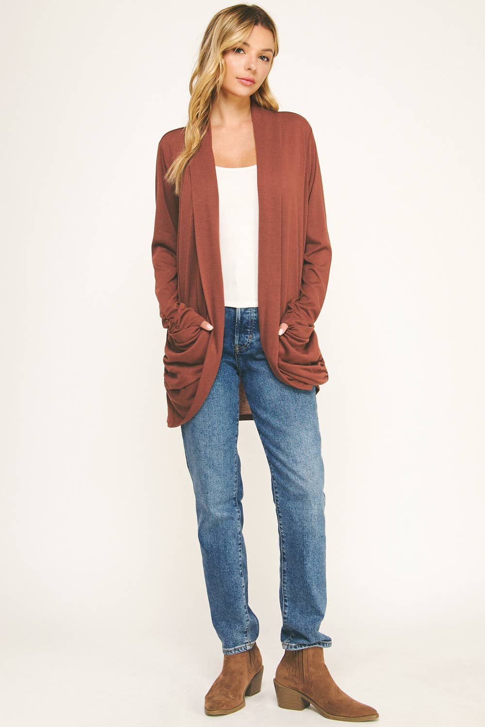 Soft Wrap Open Cardigan in Red-Brown (REG)