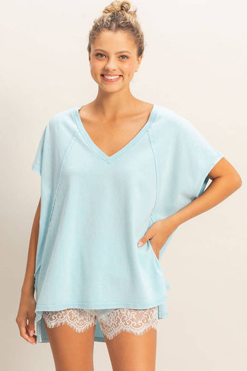 Oversized V-Neck Top in Blue (REG/PLUS)