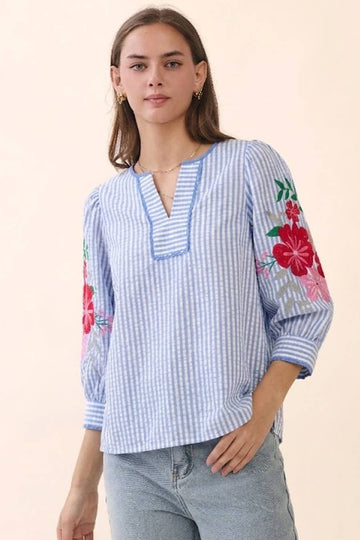 Floral Sleeve Striped Top in Blue (REG)
