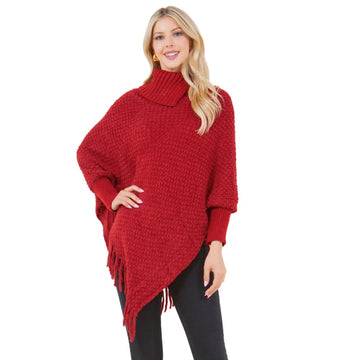 Knit Cowl Fringe Poncho in Red