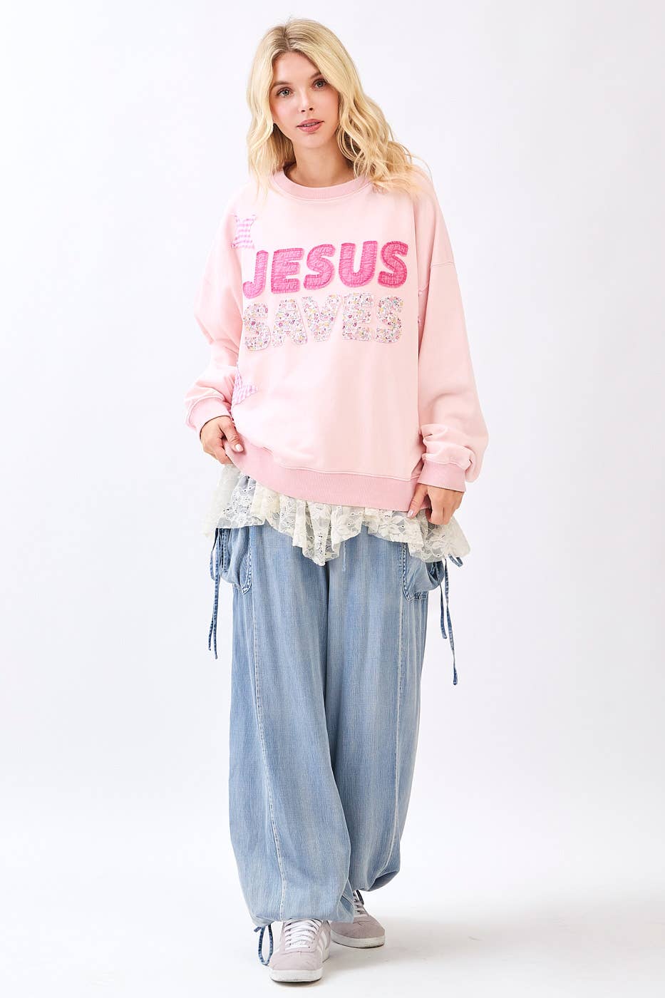 Jesus Saves Patchwork Sweatshirt in Icy Pink (REG)