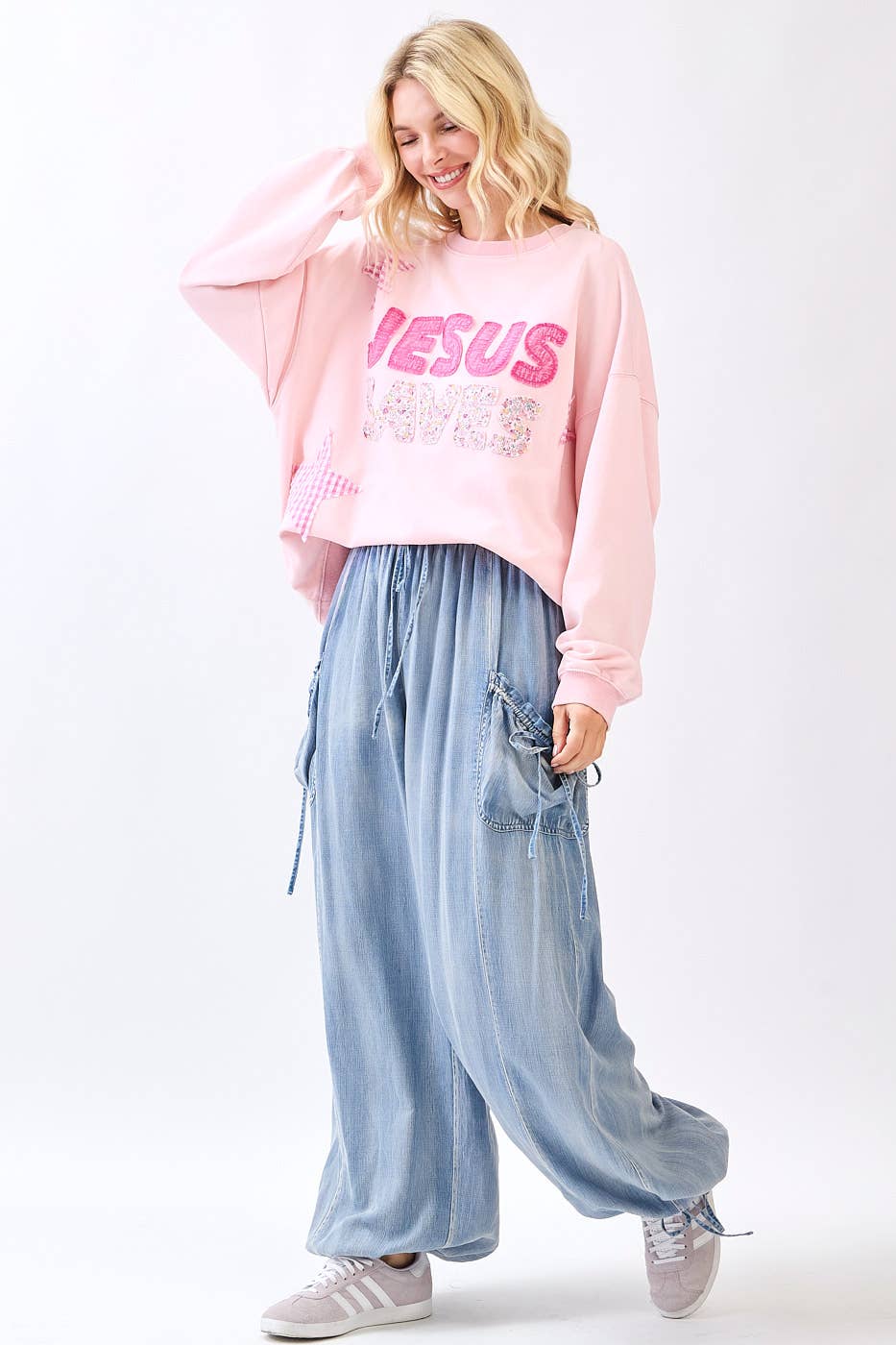 Jesus Saves Patchwork Sweatshirt in Icy Pink (REG)