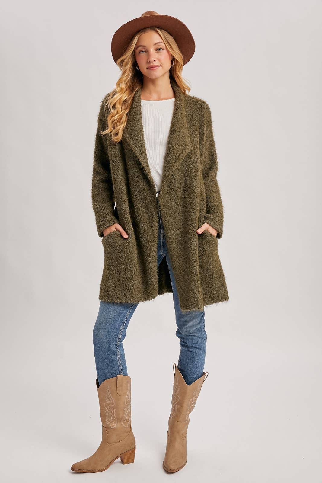 Fuzzy Drape Front Cardigan in Olive (REG)