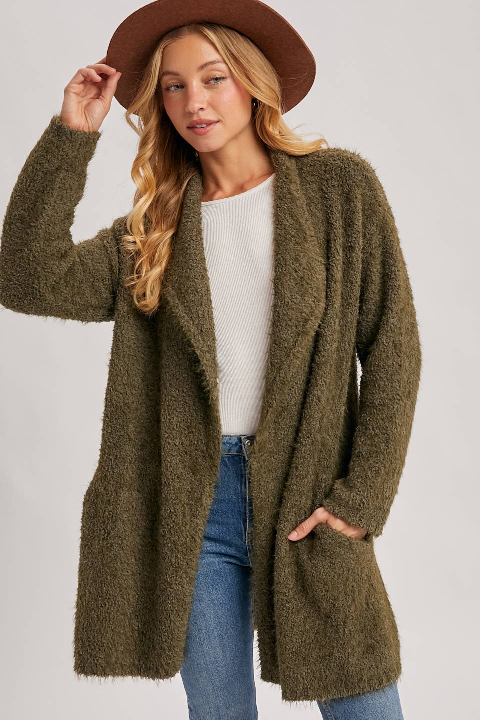 Fuzzy Drape Front Cardigan in Olive (REG)
