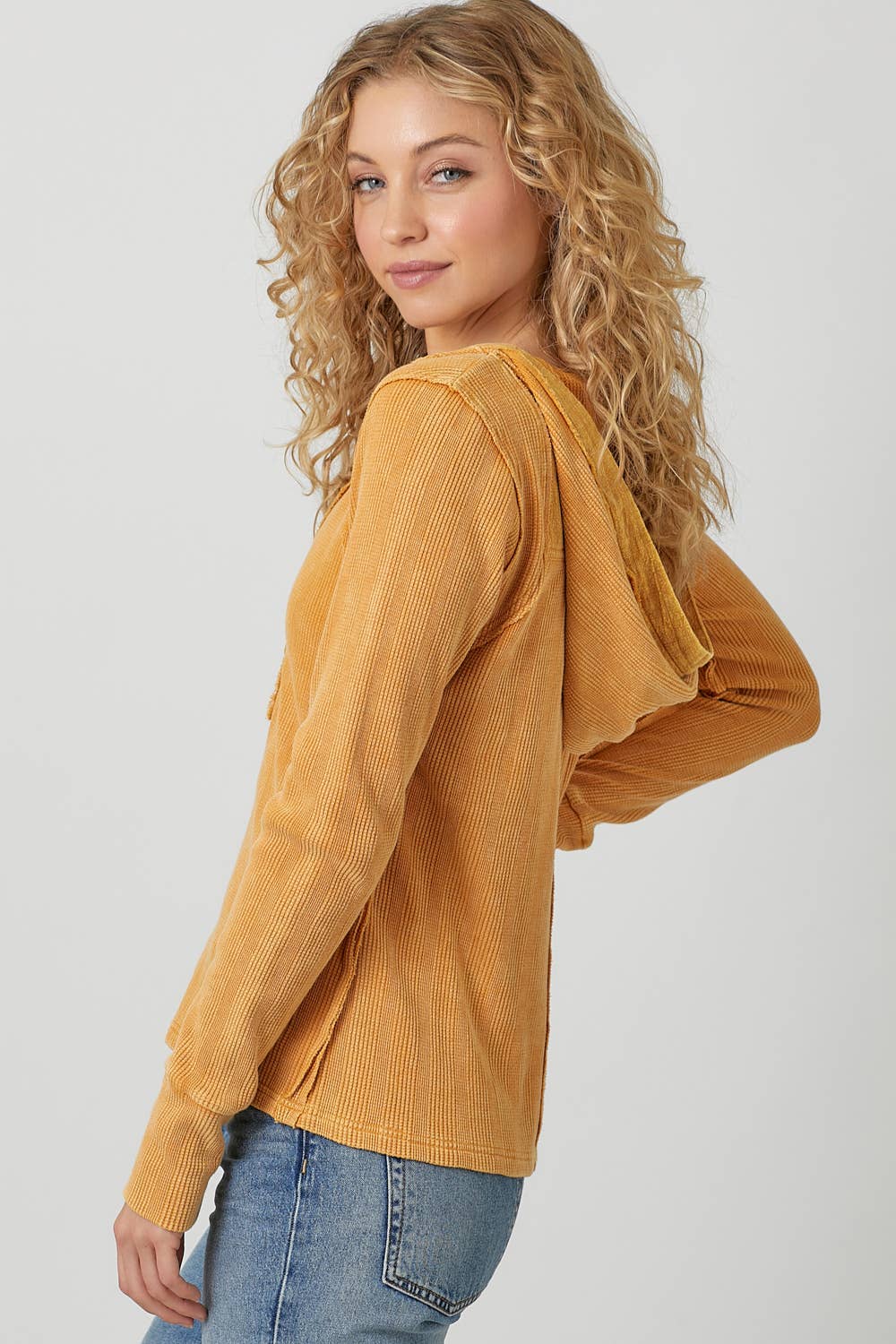 Washed Thermal Hoodie Top in Marigold (REG)