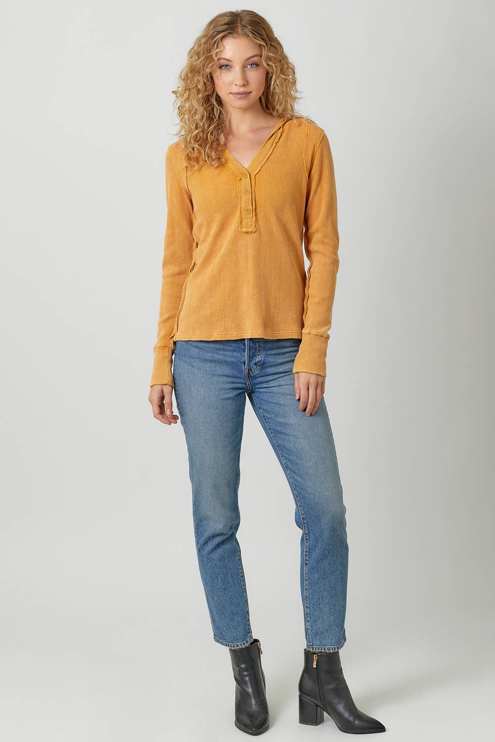 Washed Thermal Hoodie Top in Marigold (REG)
