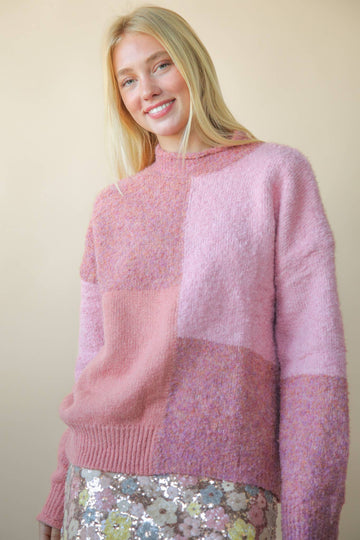 Cozy Color Block Sweater in Pink (REG)