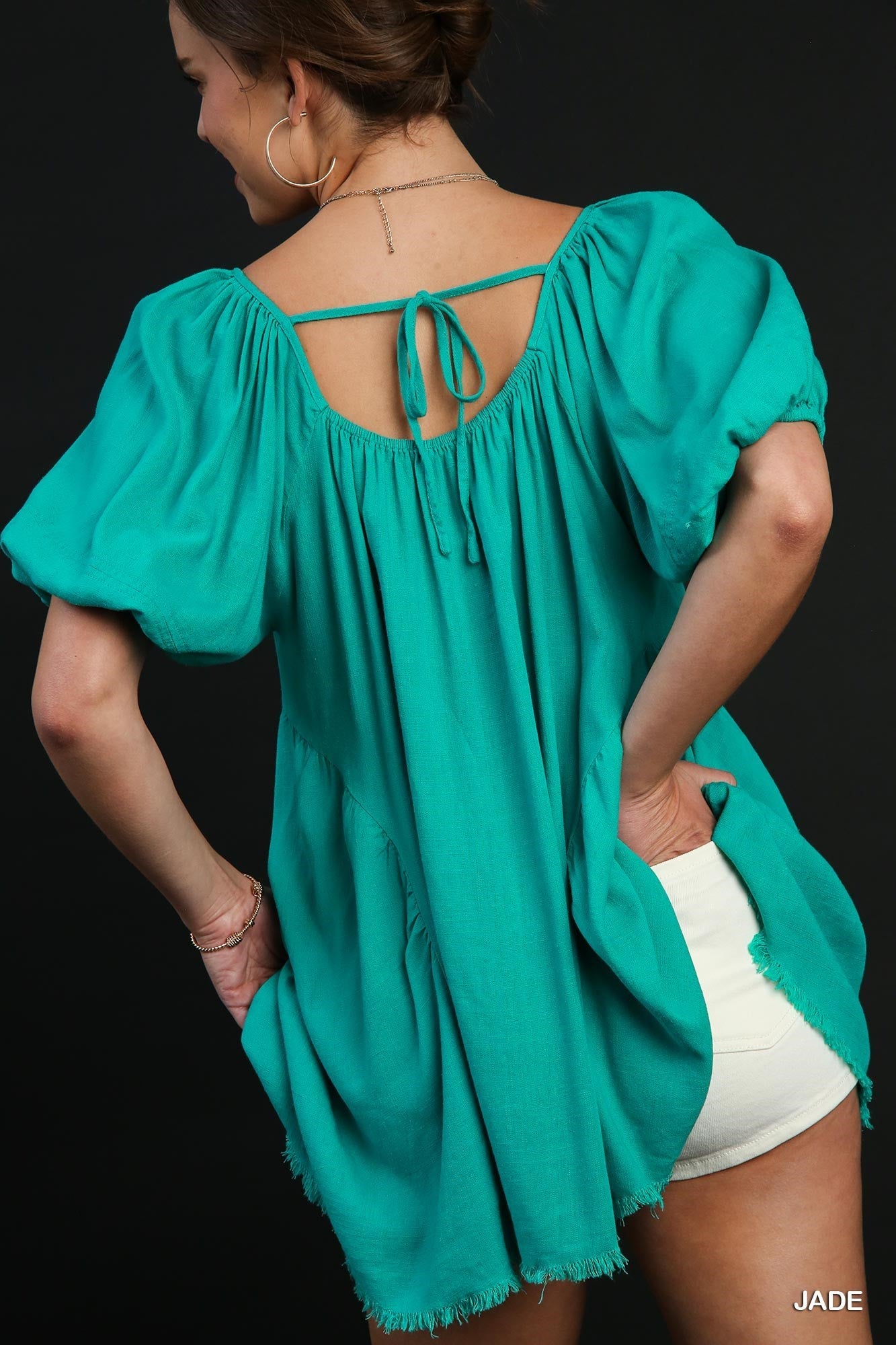 Puff Sleeve Tunic Top in Jade (REG)