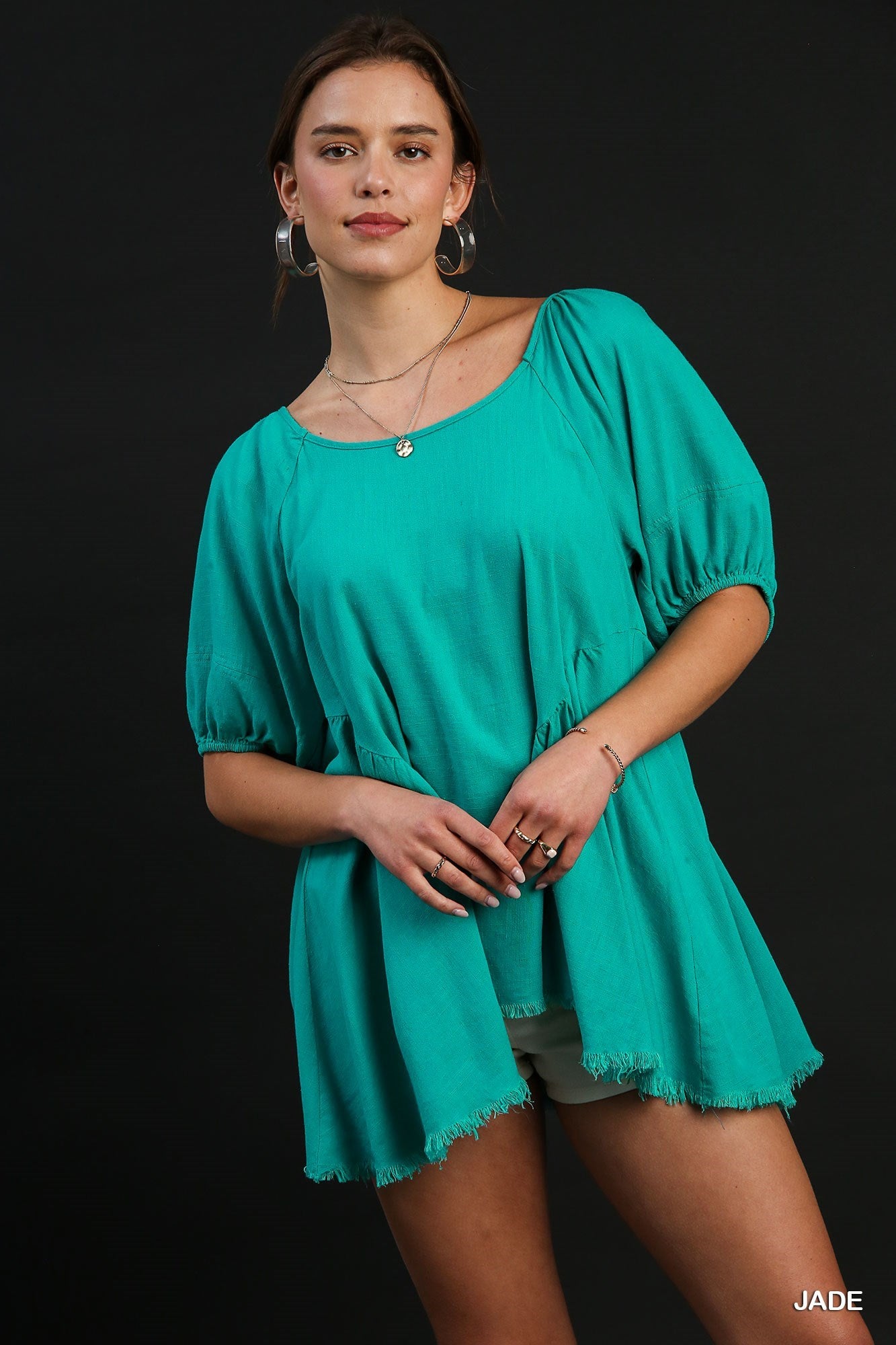 Puff Sleeve Tunic Top in Jade (REG)