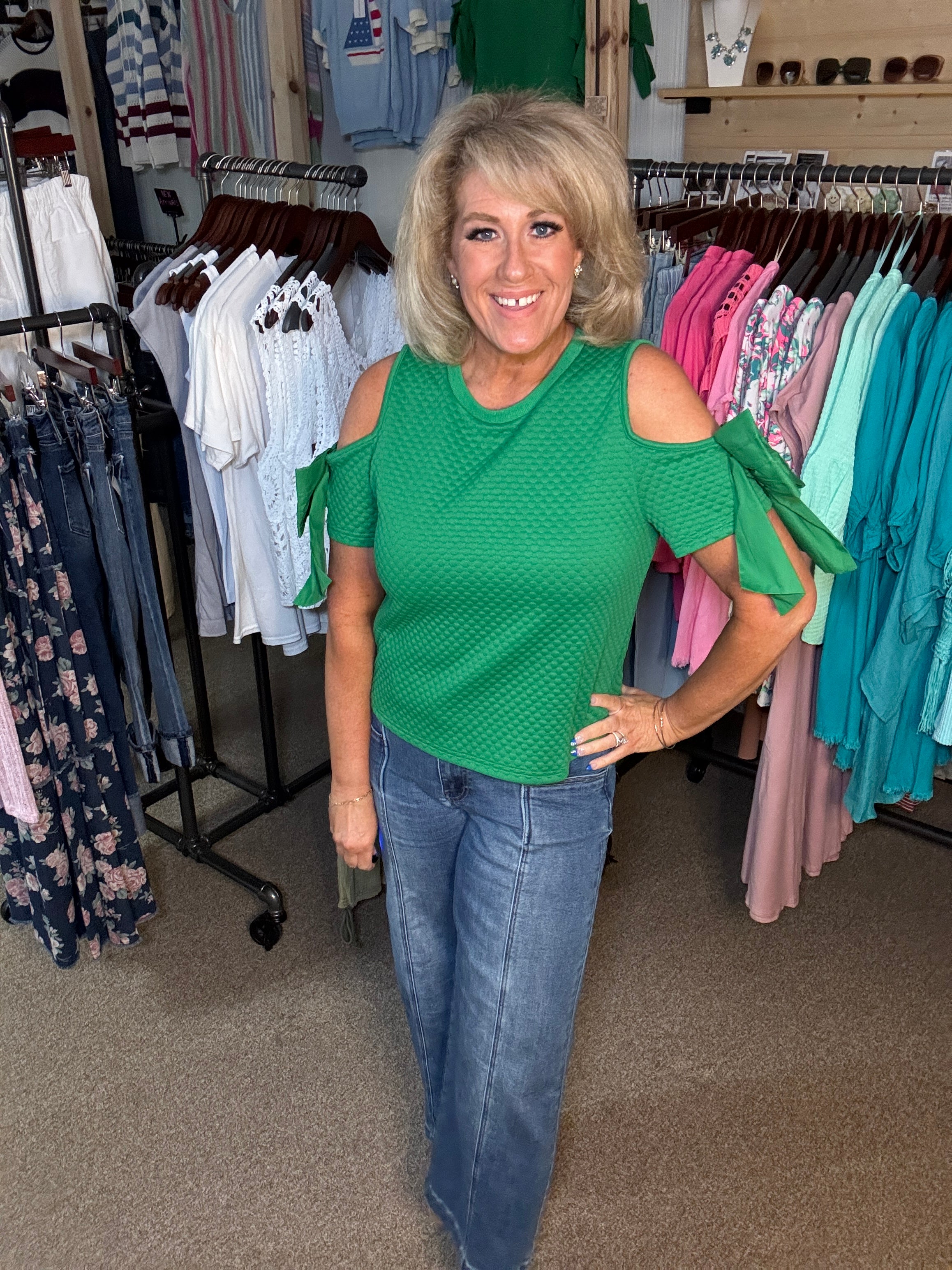 Textured Bow Sleeve Top in Green (REG)