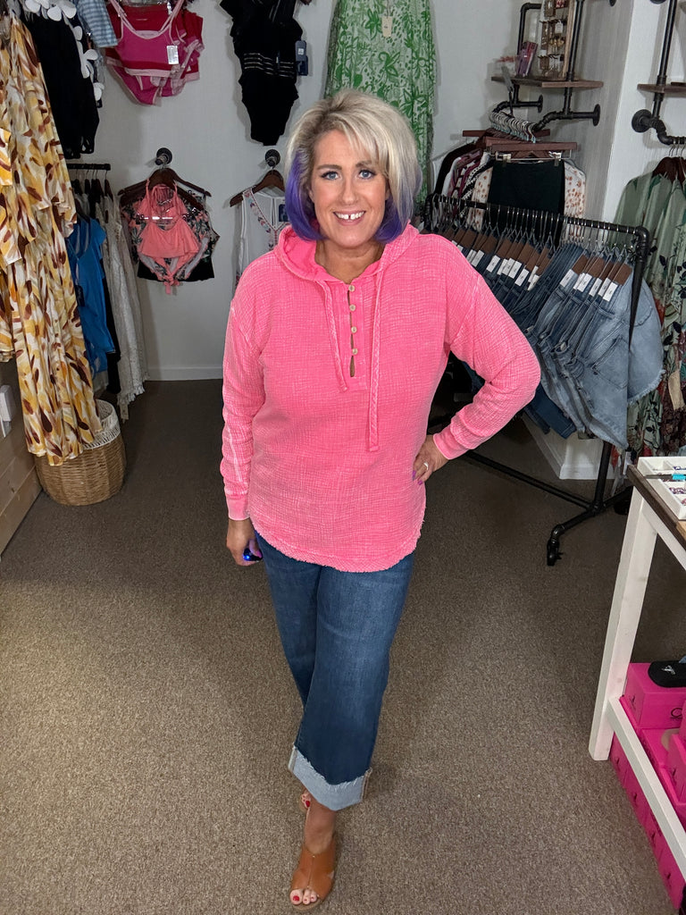 Washed Gauze Hoodie Top in Fuchsia Shop Dollhouse Boutique