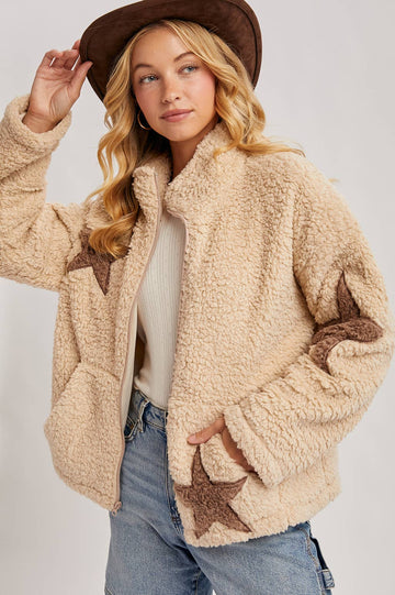 Star Shaped Teddy Sherpa Jacket in Beige (REG)