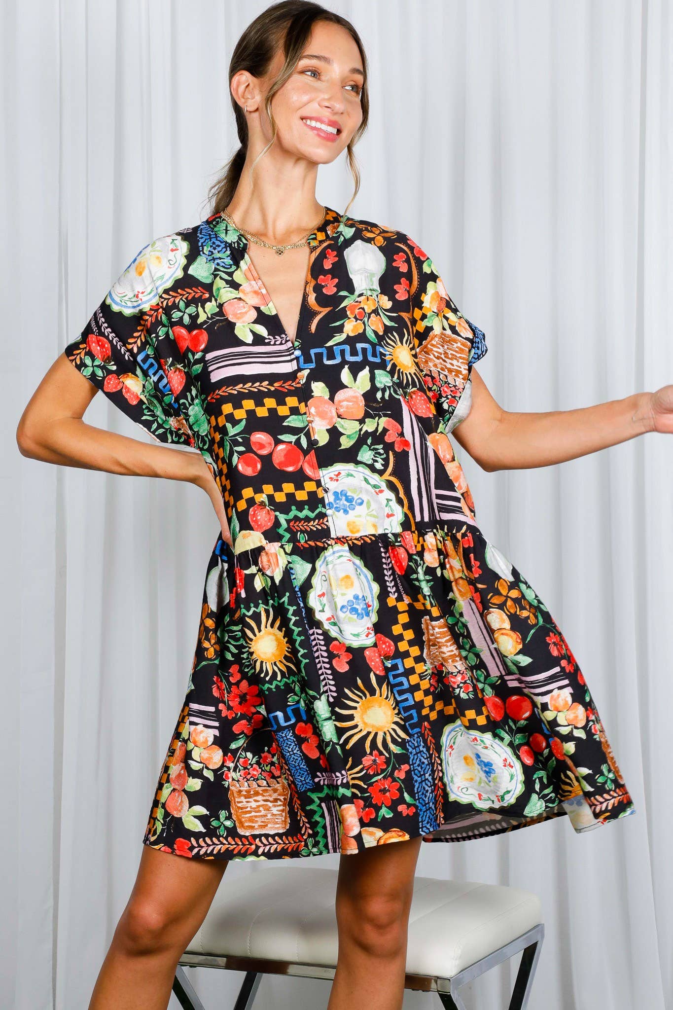 Black Multi Print Mini Dress (REG)
