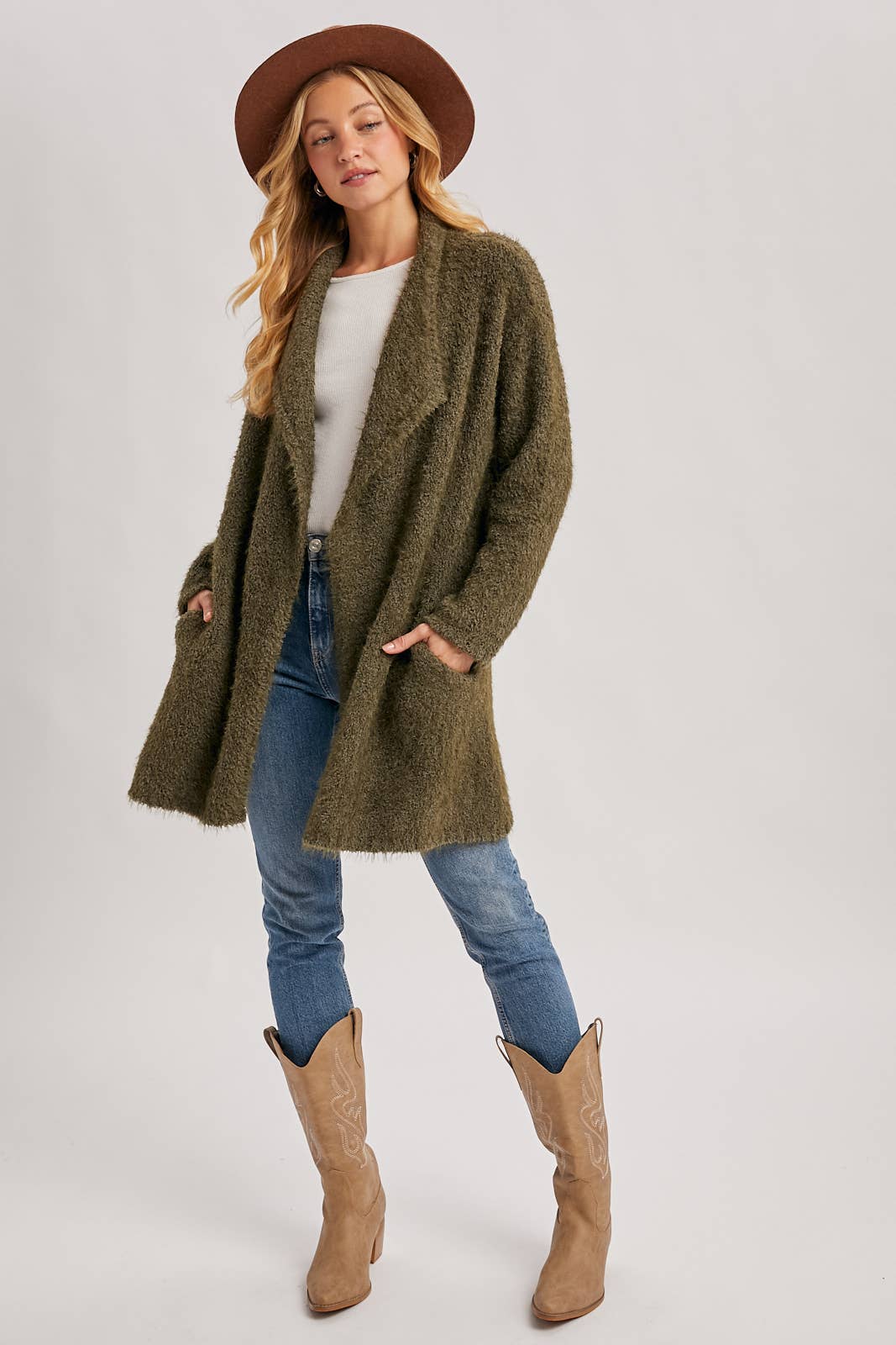Fuzzy Drape Front Cardigan in Olive (REG)