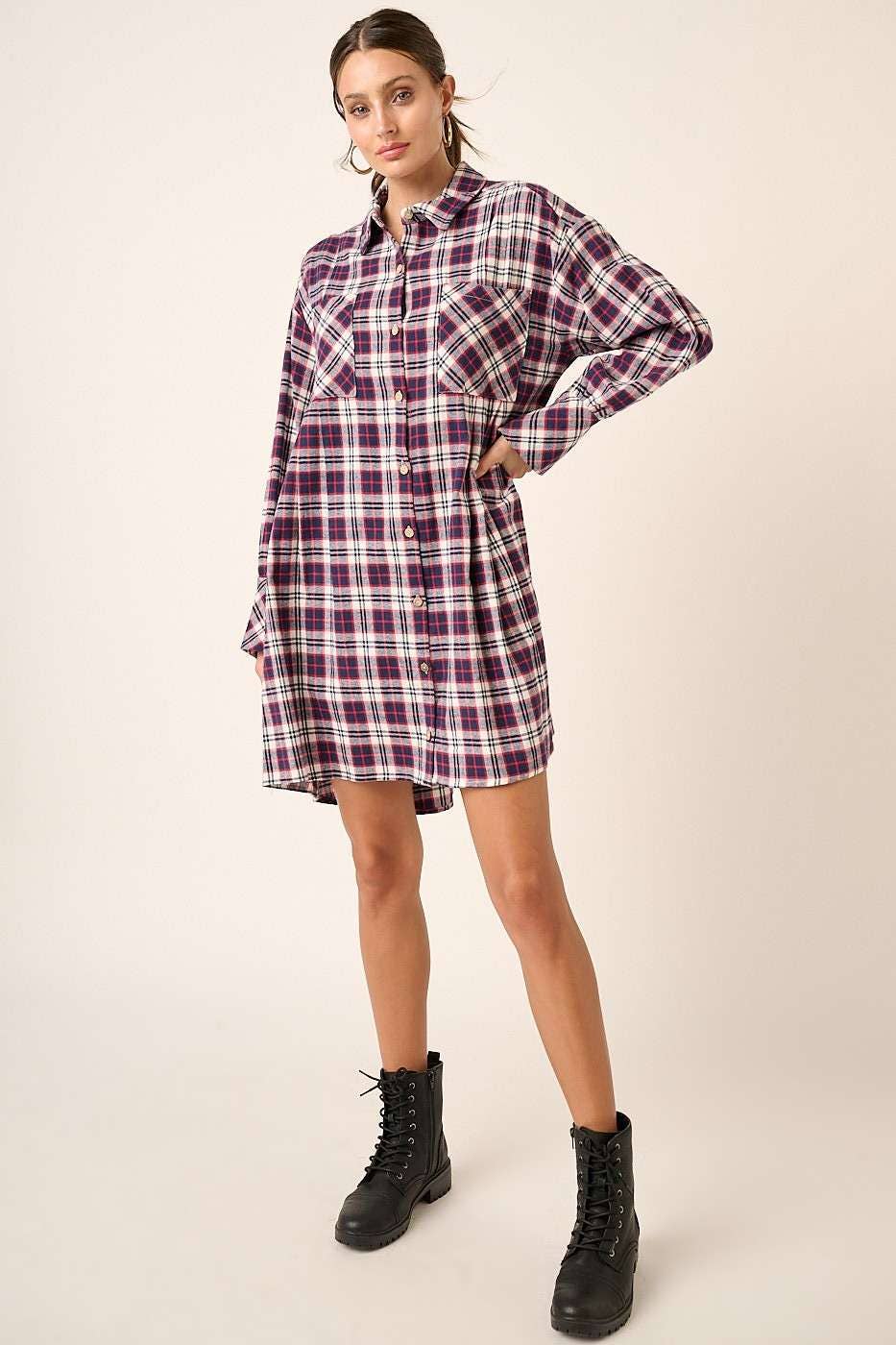 Plaid Button Down Mini Dress in Navy (REG)
