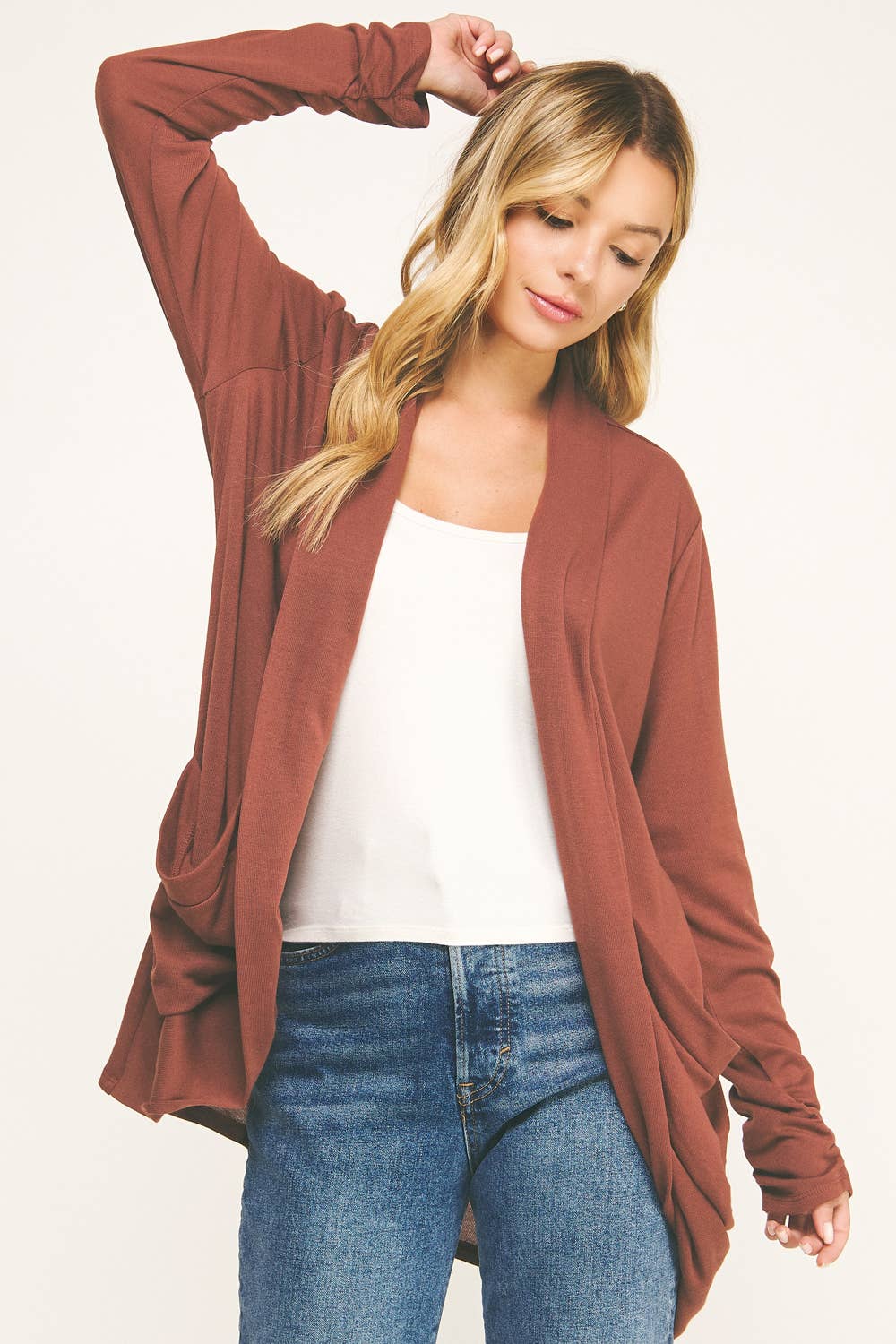 Soft Wrap Open Cardigan in Red-Brown (REG)