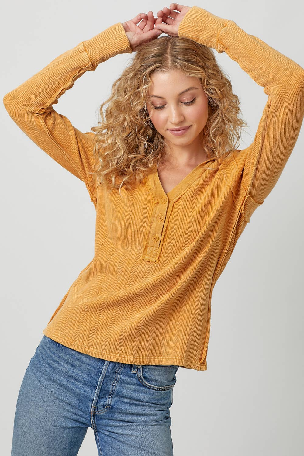 Washed Thermal Hoodie Top in Marigold (REG)