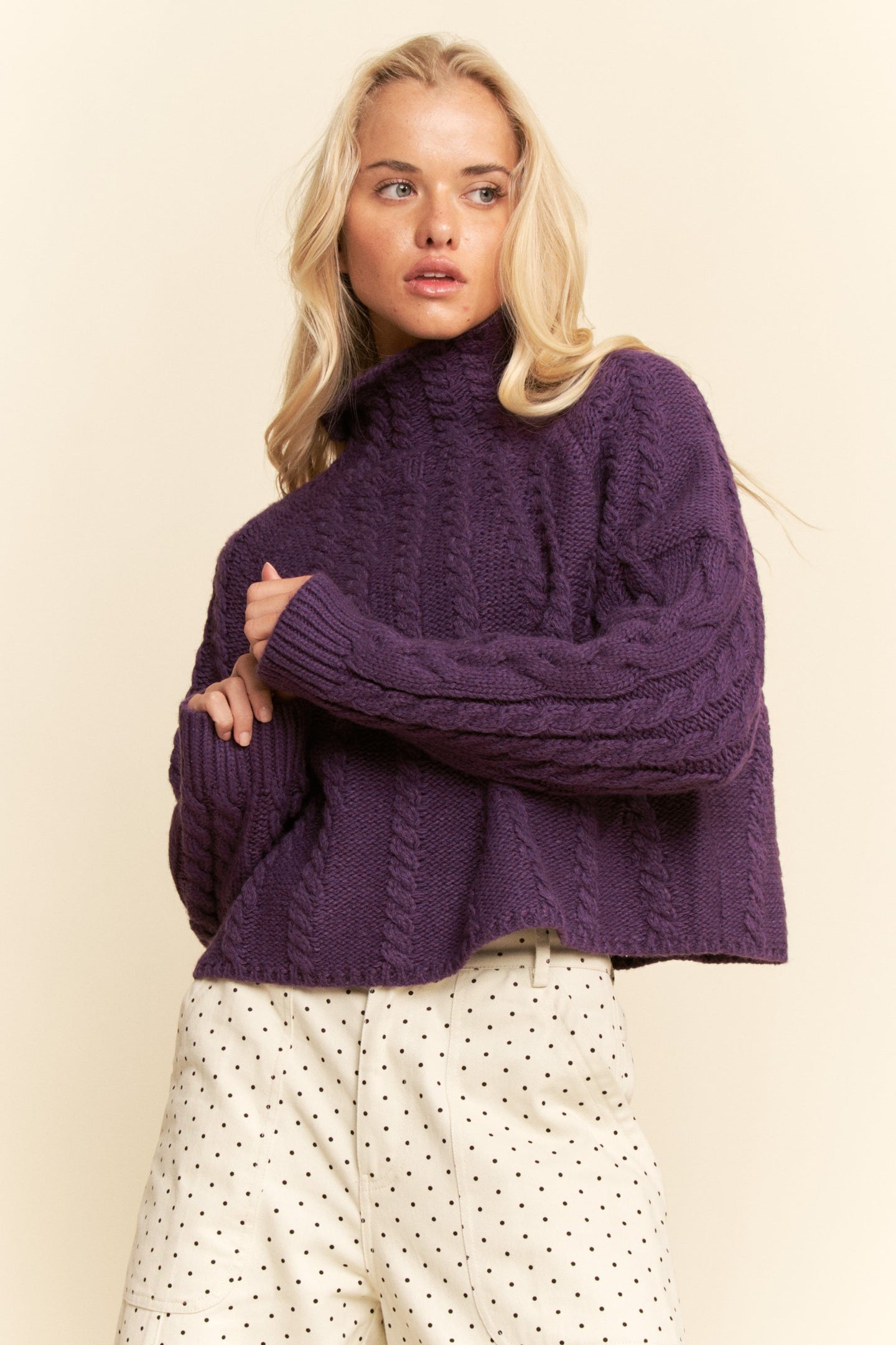 Turtleneck Cable Sweater in Purple (REG)
