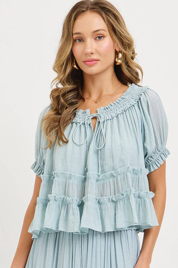 Tiered Ruffle Layer Top in Misty Blue (REG)
