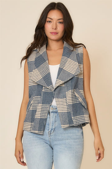 Open Front Plaid Vest in Denim Blue (REG)