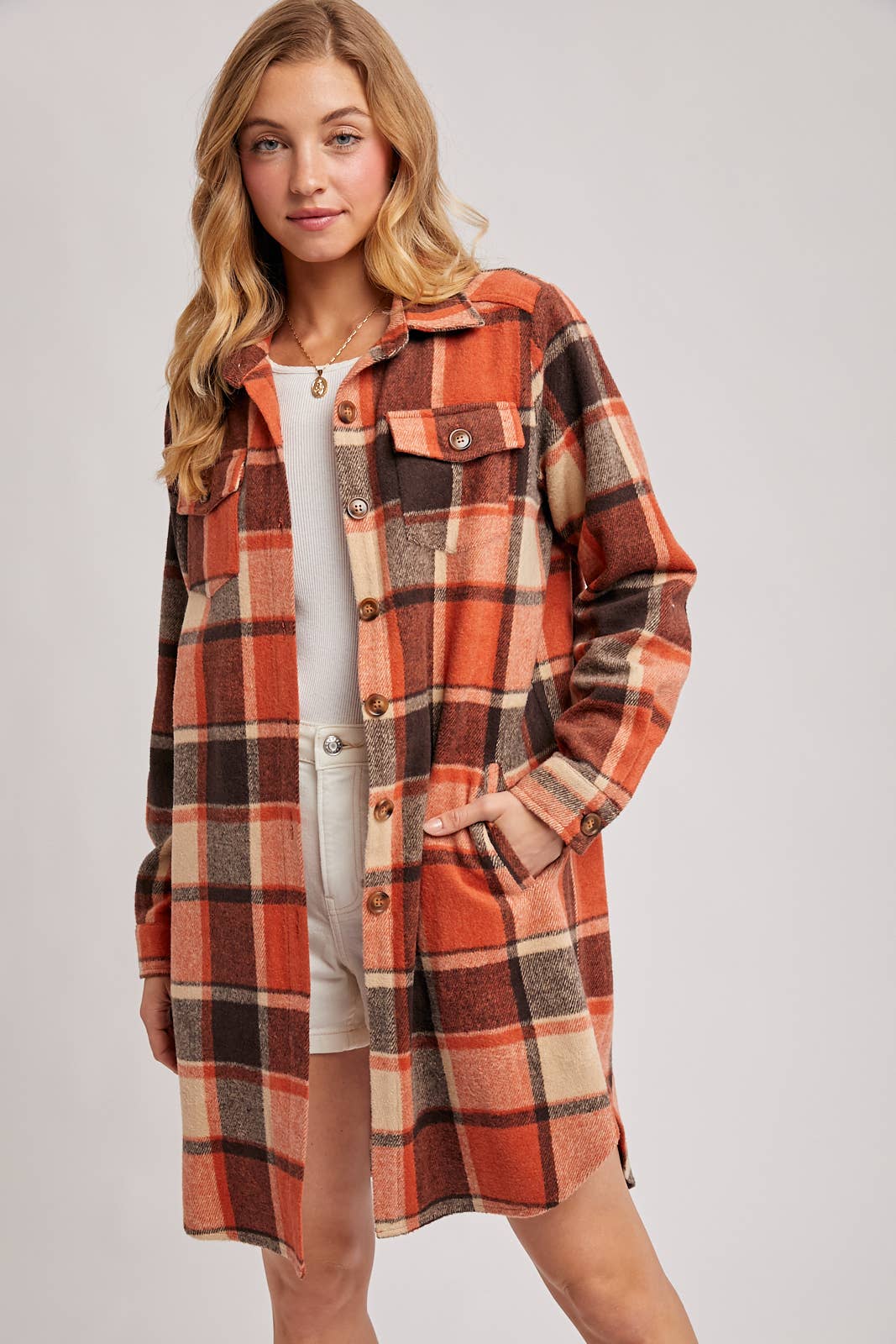 Flannel Plaid Longline Shacket in Rust (REG)