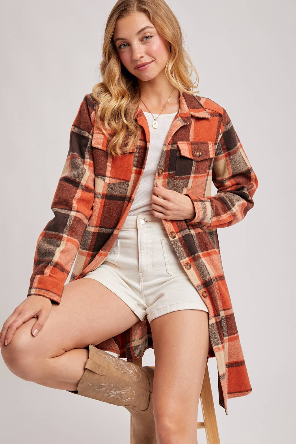 Flannel Plaid Longline Shacket in Rust (REG)