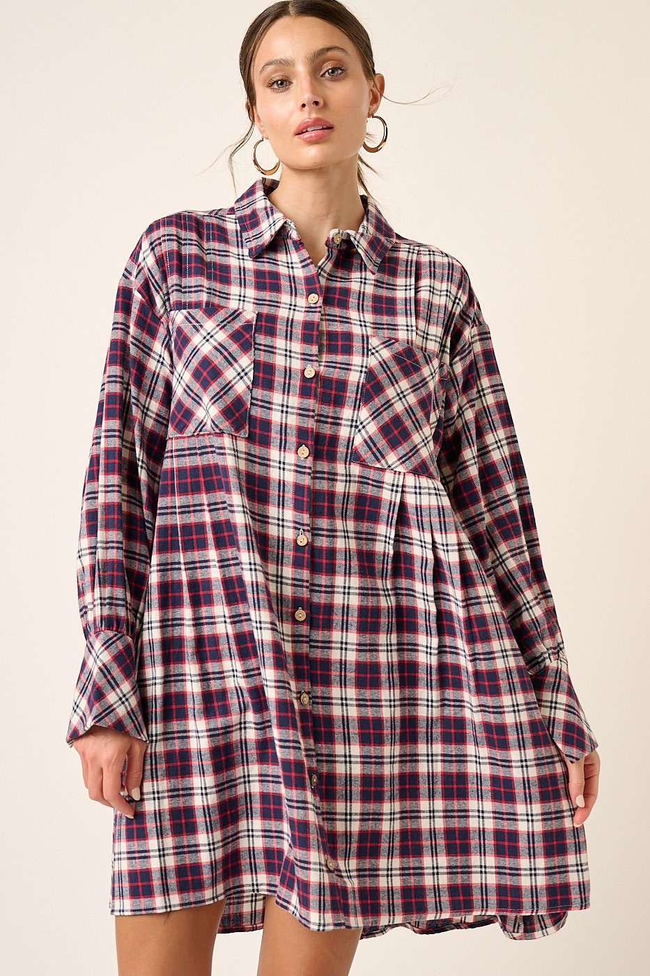 Plaid Button Down Mini Dress in Navy (REG)