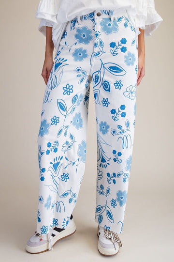 Floral Printed Twill Pants in Blue (REG)