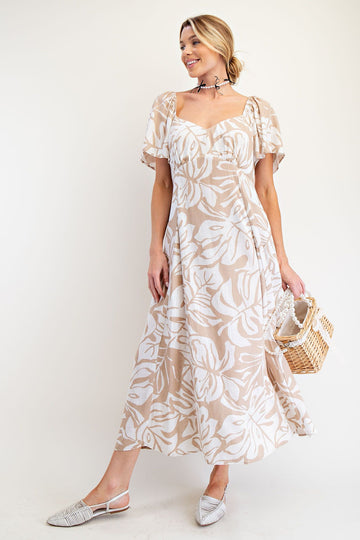 Leaf Printed Linen Maxi Dress in Khaki (REG)