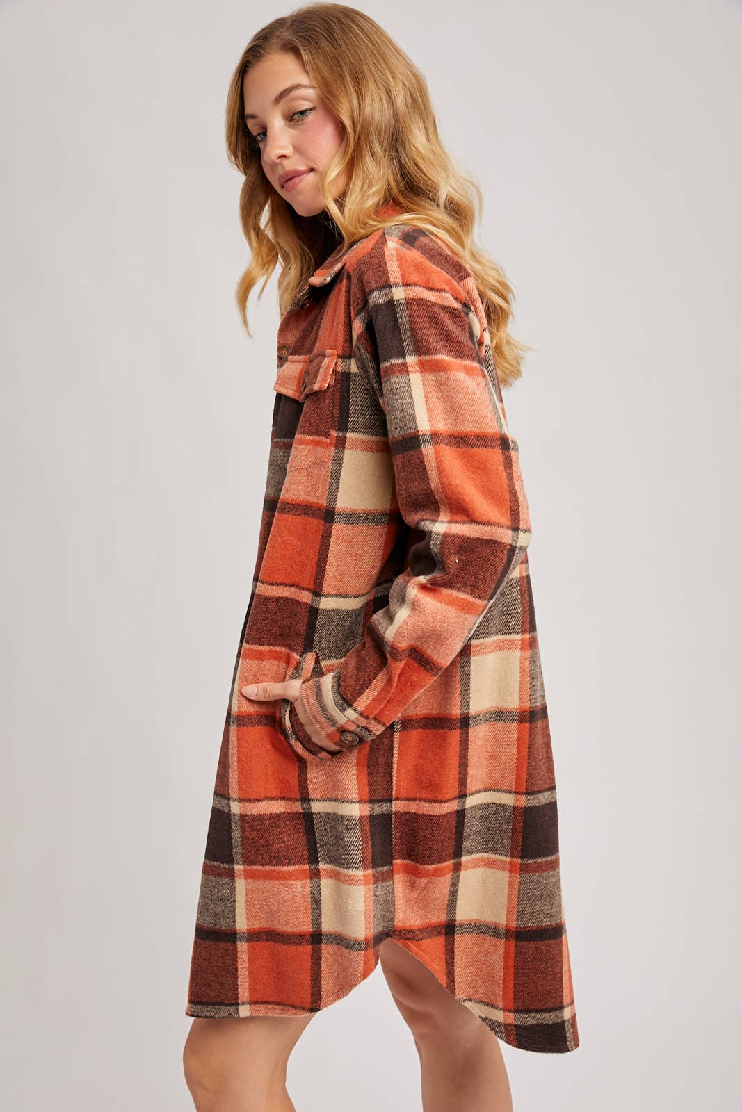 Flannel Plaid Longline Shacket in Rust (REG)