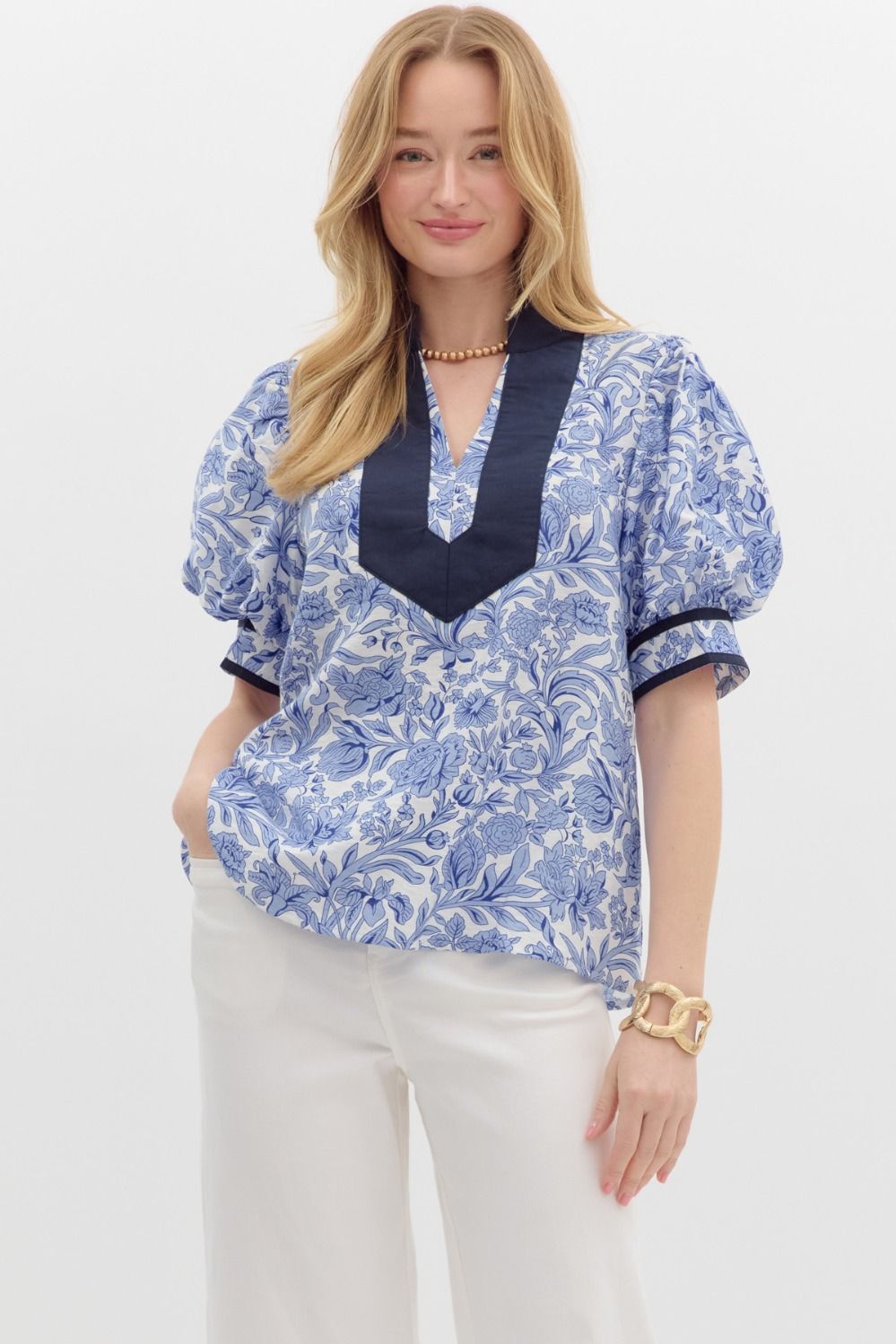 Floral Print Puff Sleeve Top in Blue (REG)