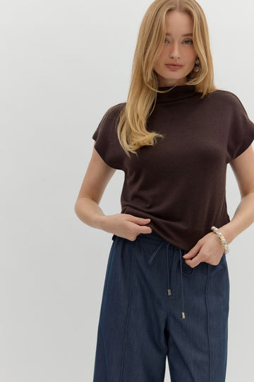Solid Mock Neck Top in Brown (REG)