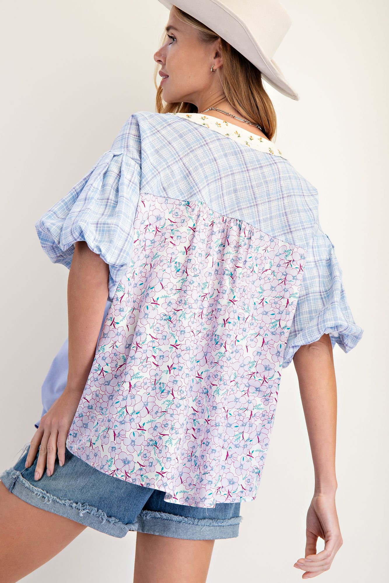 Fancy and Floral Henley Top in Peri Blue (REG)