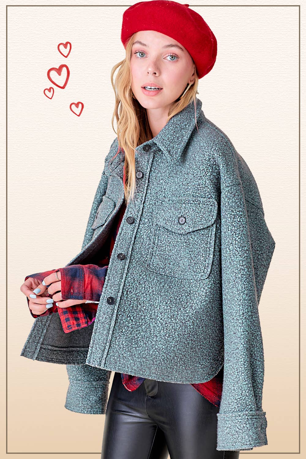 Fuzzy Fabric Button Down Jacket in Slate Teal (REG)