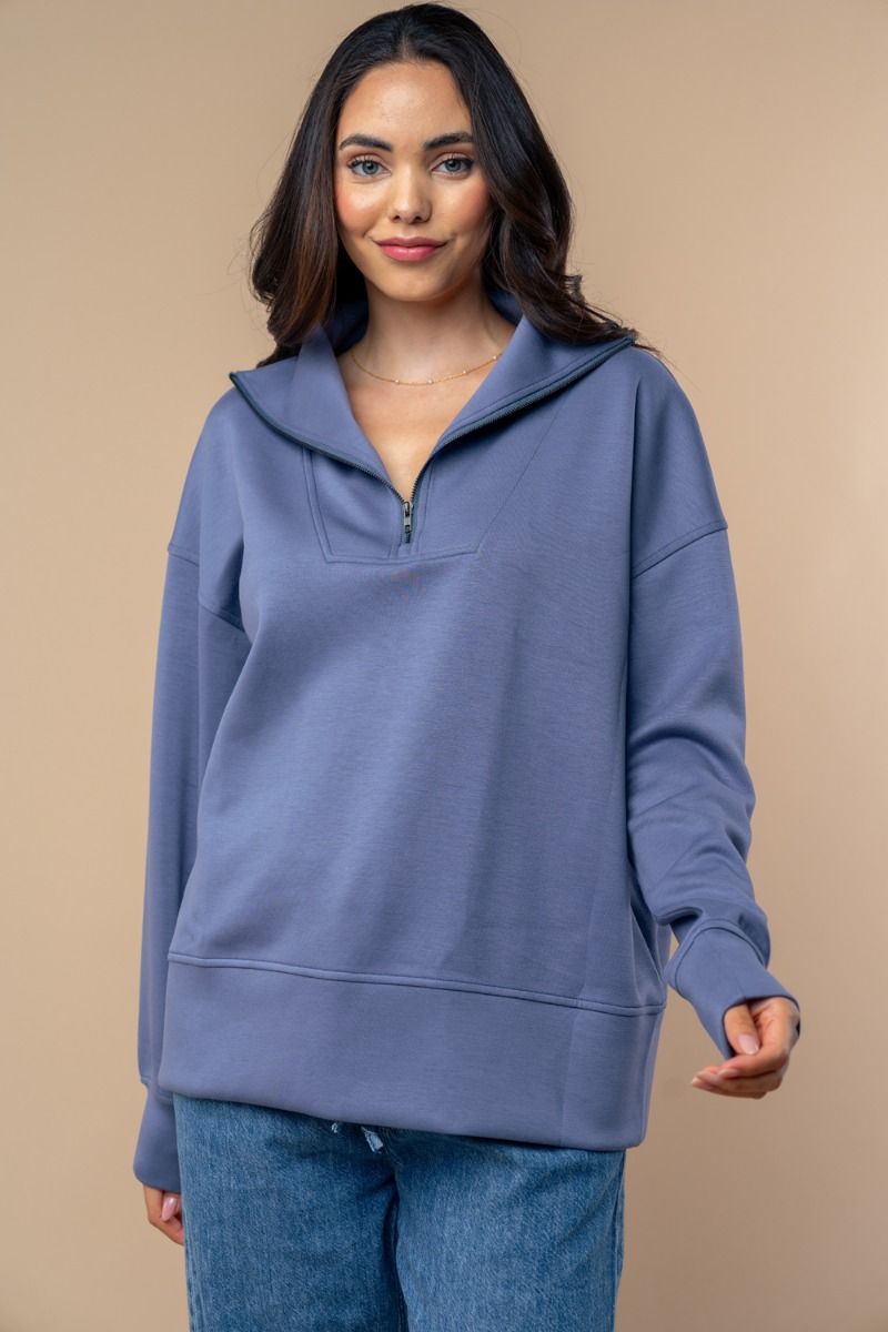 Zip Collar Pullover Top in Light Navy (REG)