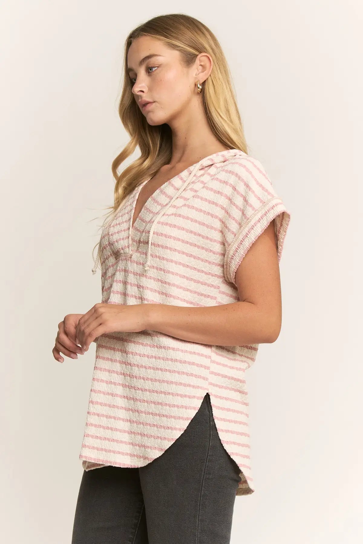 Textured Striped Hoodie Top in Rose (REG/PLUS)