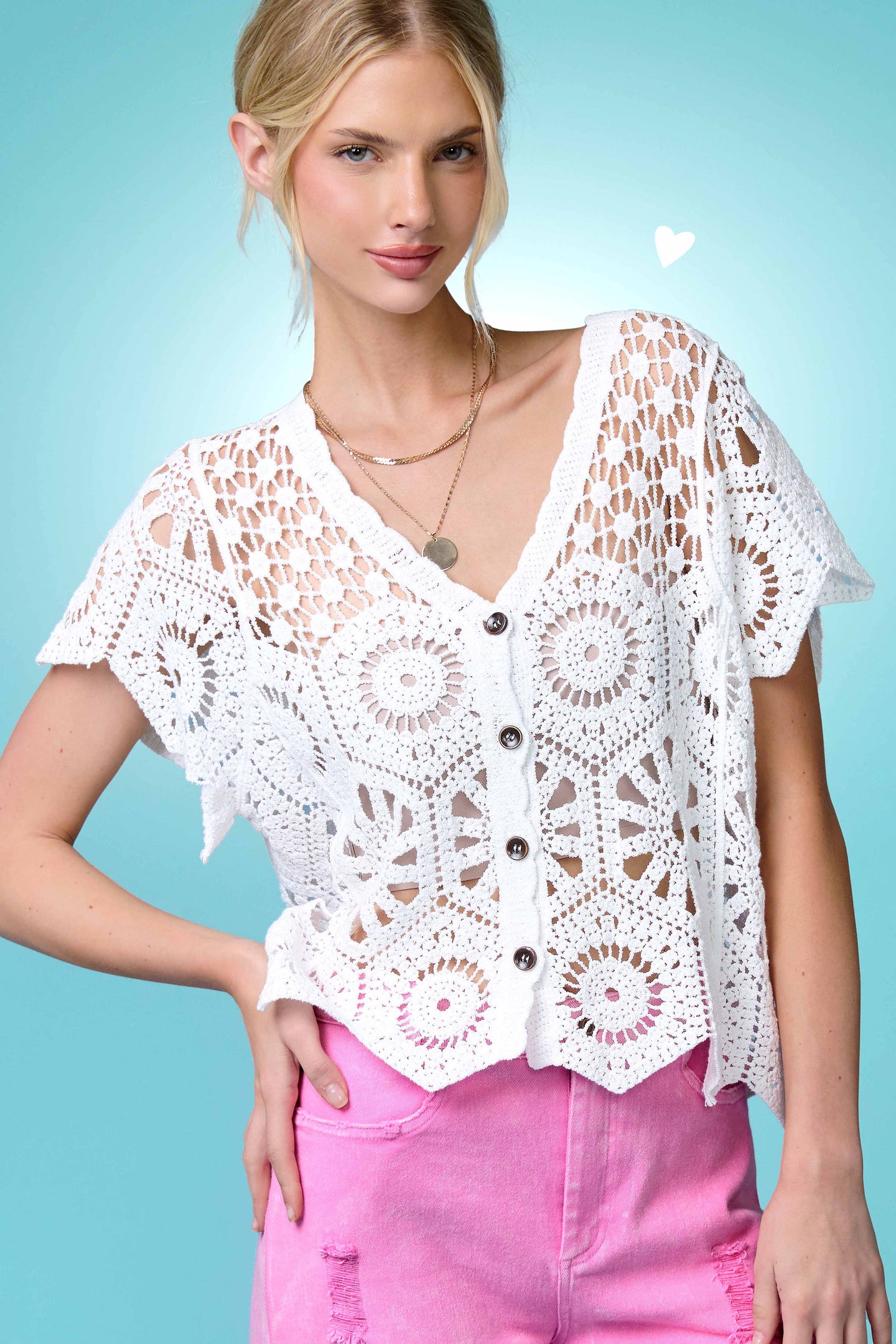 White Open-Knit Floral Cardigan Top (REG)