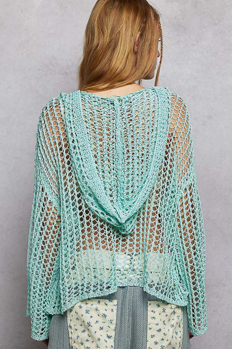 Open Crochet Hoodie Top in Aqua (REG)