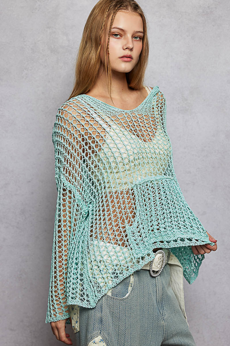 Open Crochet Hoodie Top in Aqua (REG)