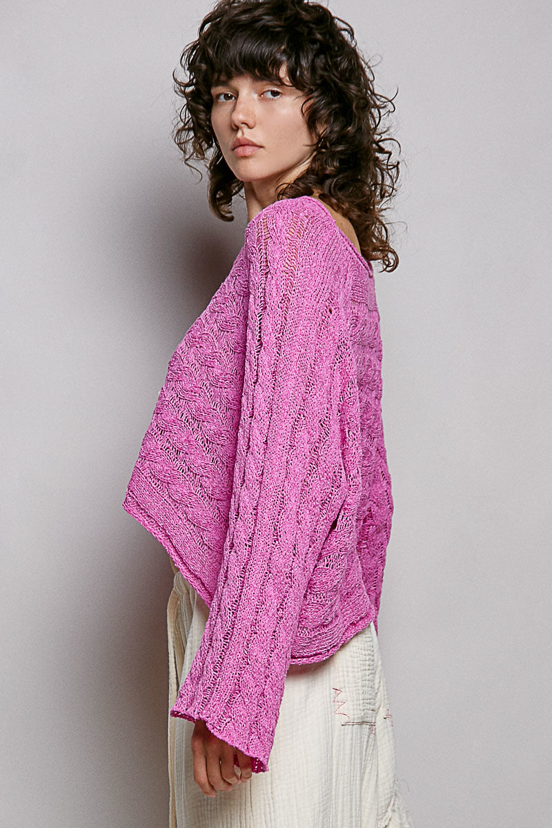 Cable Twist Crop Sweater in Berry Pink (REG)